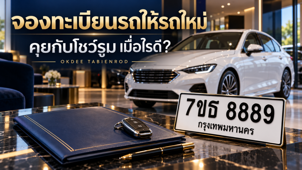 ภาพประกอบจองทะเบียนรถให้รถใหม่ในโชว์รูม พร้อมป้ายตัวอย่าง 7ขธ 8889 กรุงเทพมหานคร กุญแจรถและแฟ้มเอกสาร โทนน้ำเงินทอง OKDEE