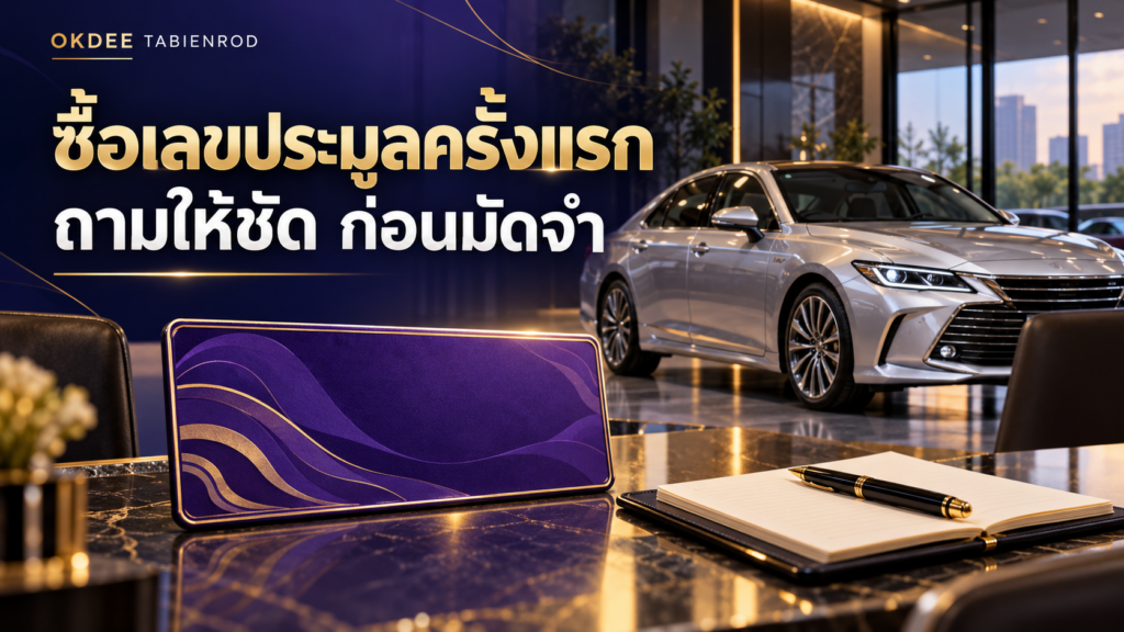 ภาพประกอบการซื้อเลขประมูลครั้งแรก พร้อมรถเก๋งสีเงิน ป้ายตกแต่งสีม่วง สมุดและปากกาสำหรับจดคำถาม
