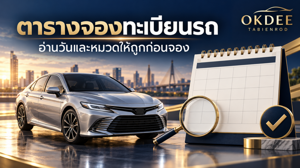 ภาพประกอบการอ่านตารางจองทะเบียนรถ พร้อมรถยนต์ ปฏิทินตัวอย่างไม่มีวันที่ และแว่นขยาย
