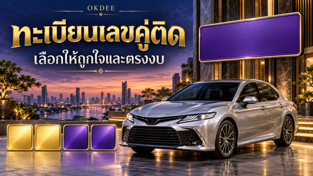 ภาพประกอบทะเบียนเลขคู่ติด รถเก๋งสีเงิน ป้ายตกแต่งสีม่วง และรูปทรงสีทองสองช่องกับสีม่วงสองช่อง