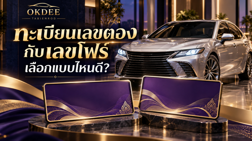 ภาพประกอบเปรียบเทียบทะเบียนเลขตองกับเลขโฟร์ พร้อมรถเก๋งสีเงินและแผ่นป้ายตกแต่งสีม่วงสองแผ่น