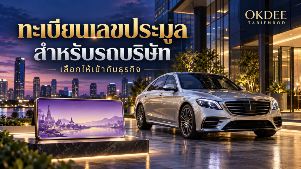 ภาพประกอบทะเบียนเลขประมูลสำหรับรถบริษัท รถเก๋งสีเงินหน้าอาคารสำนักงานและป้ายตกแต่งสีม่วง