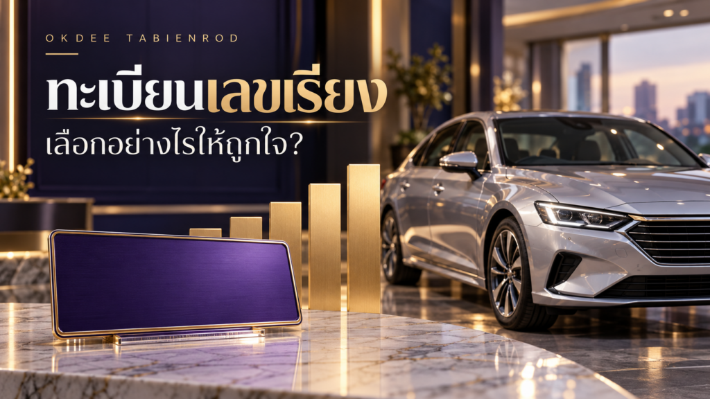 ภาพประกอบการเลือกทะเบียนเลขเรียง พร้อมรถเก๋งสีเงิน ป้ายตกแต่งสีม่วง และแท่งสีทองเรียงระดับ