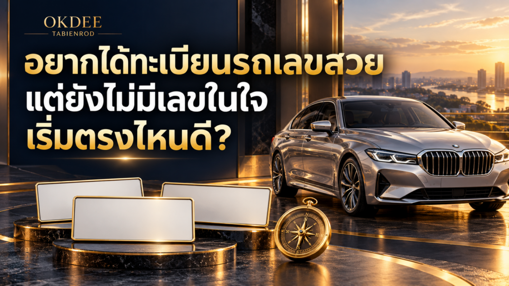 ภาพประกอบการเริ่มเลือกทะเบียนรถเลขสวย พร้อมรถสีเงิน ป้ายเปล่าสามแผ่น และเข็มทิศสีทอง