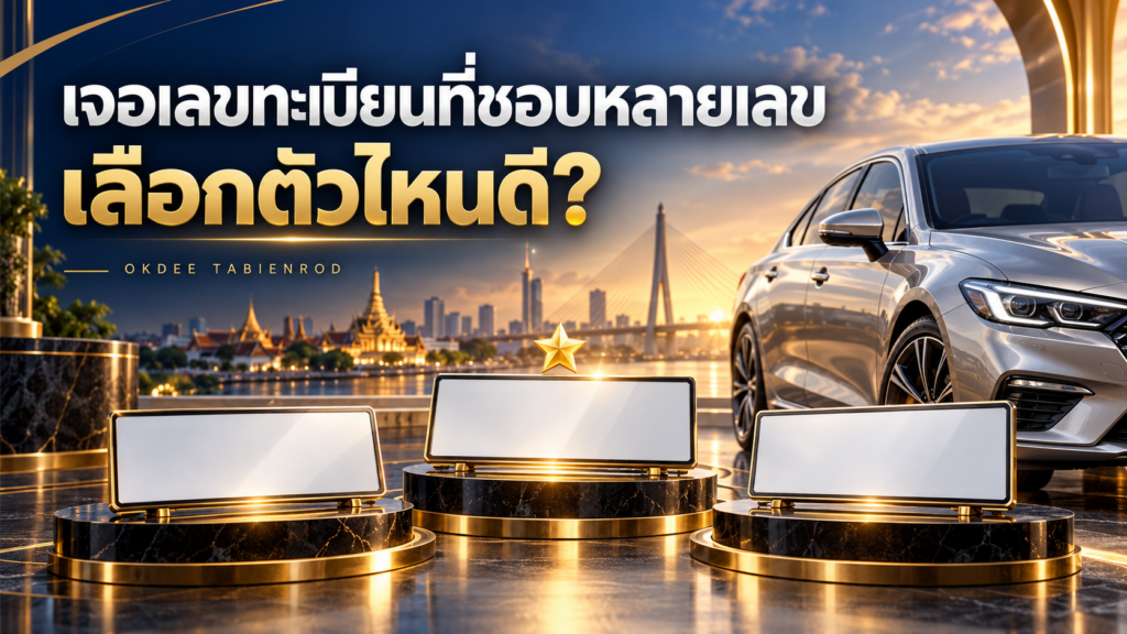 ภาพประกอบการเปรียบเทียบเลขทะเบียนที่ชอบ พร้อมป้ายเปล่าสามรายการ ดาวสีทอง และรถสีเงิน