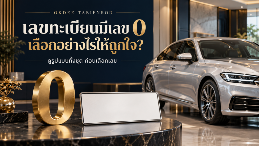 ภาพประกอบการเลือกเลขทะเบียนที่มีเลข 0 พร้อมเลขศูนย์สีทอง ป้ายเปล่า และรถเก๋งสีเงิน