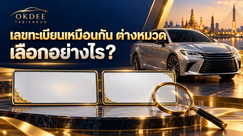ภาพประกอบการเปรียบเทียบเลขทะเบียนต่างหมวด พร้อมป้ายเปล่าสองแผ่น แว่นขยาย และรถสีเงิน