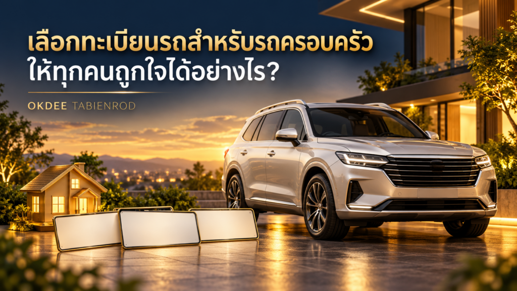 ภาพประกอบการเลือกทะเบียนรถสำหรับครอบครัว พร้อมรถเอสยูวีสีเงิน บ้านจำลองสีทอง และป้ายเปล่าสามแผ่น