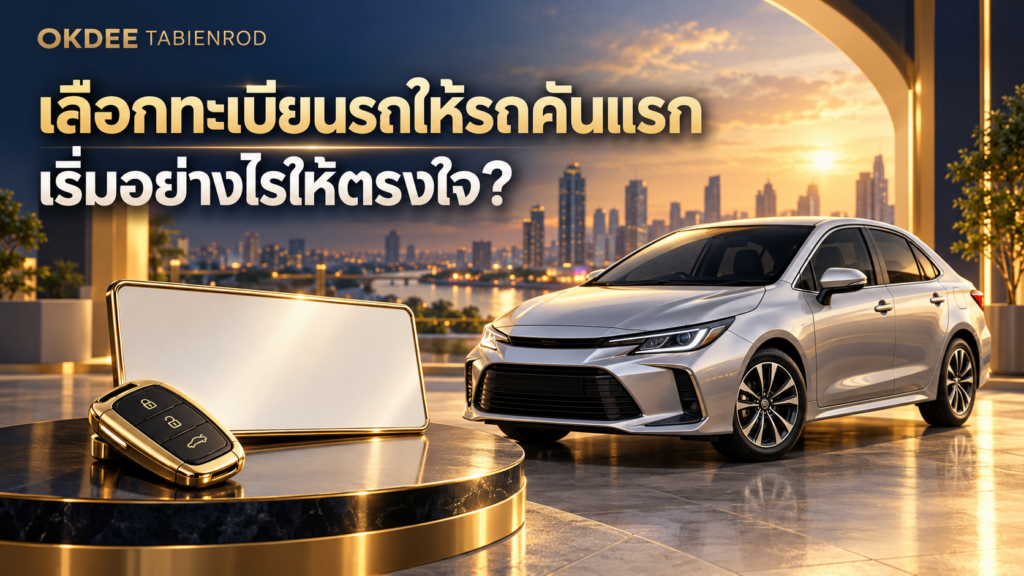 ภาพประกอบการเลือกทะเบียนรถให้รถคันแรก พร้อมรถเก๋งสีเงิน กุญแจรถ และแผ่นป้ายเปล่า