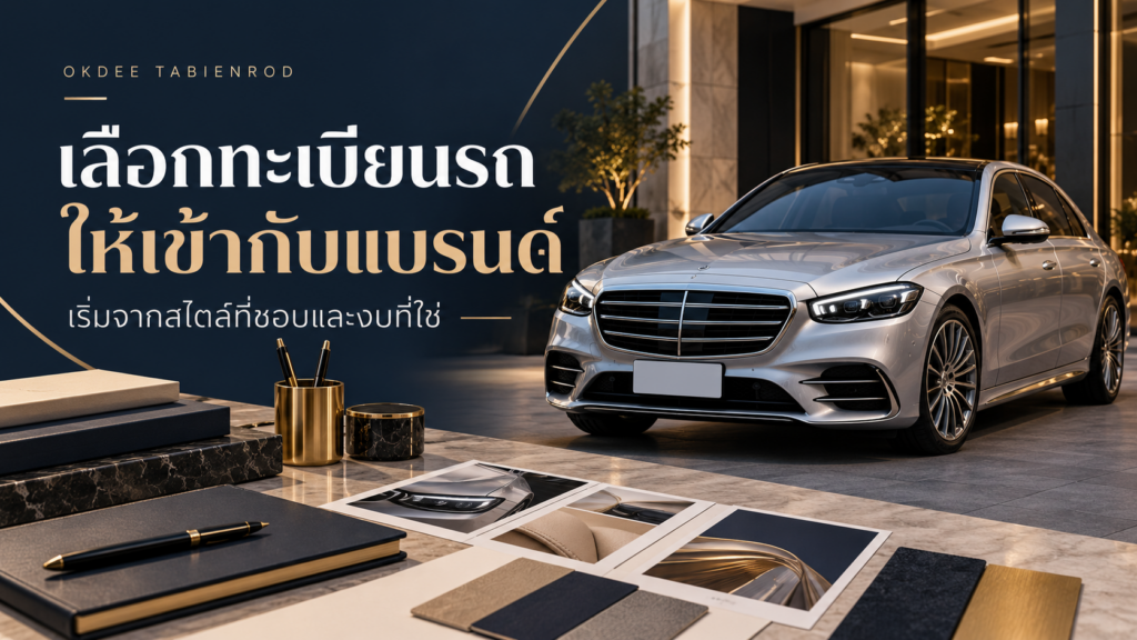 ภาพประกอบการเลือกทะเบียนรถให้เข้ากับแบรนด์ พร้อมรถเก๋งสีเงินหน้าร้านและตัวอย่างโทนสี