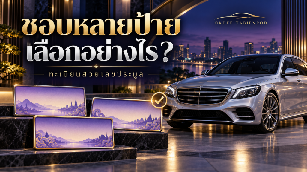 ภาพประกอบการเลือกทะเบียนเลขประมูลจากหลายป้าย รถเก๋งสีเงินกับป้ายตกแต่งสีม่วงสามป้ายและเครื่องหมายเลือกสีทอง