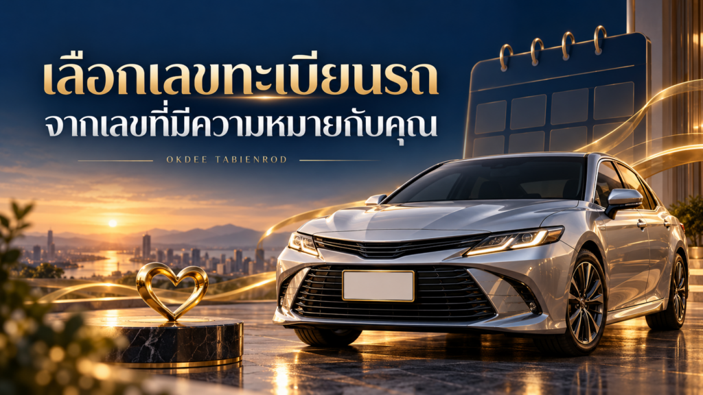ภาพประกอบการเลือกเลขทะเบียนรถจากความหมายส่วนตัว พร้อมรถสีเงิน หัวใจสีทอง และปฏิทินไม่มีวันที่