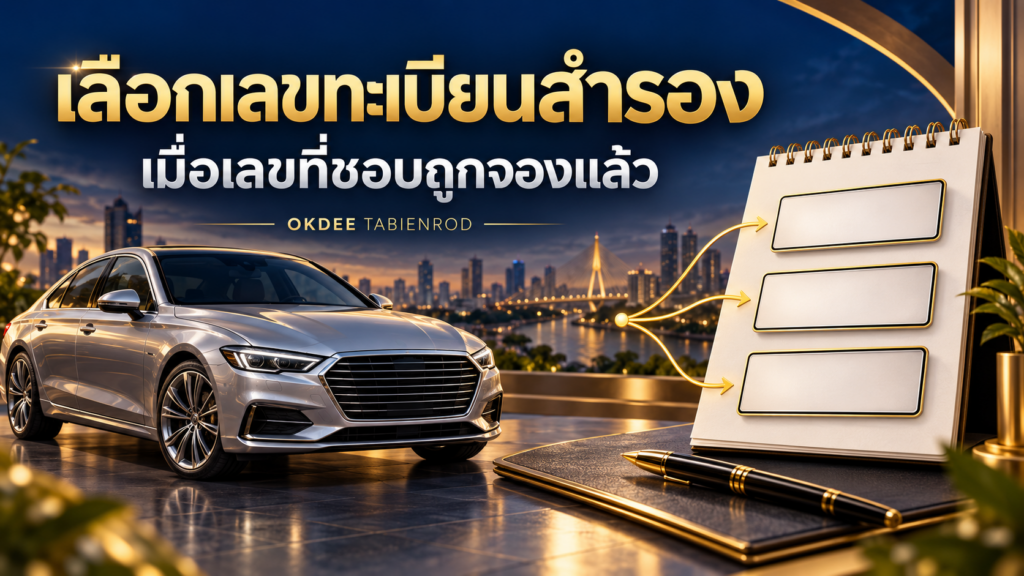 ภาพประกอบการเลือกเลขทะเบียนสำรอง พร้อมรถยนต์และสมุดแสดงตัวเลือกสามลำดับ